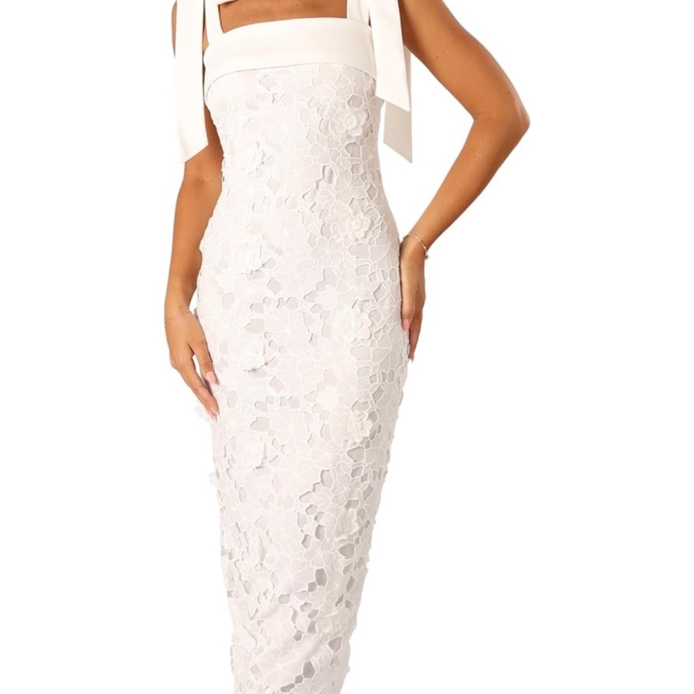 Petal & Pup White Lace Midi Dress with Bow Straps